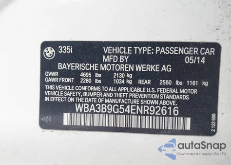 2014 BMW 335I xDrive z USA, uszkodzony, nr VIN WBA3B9G54ENR92616